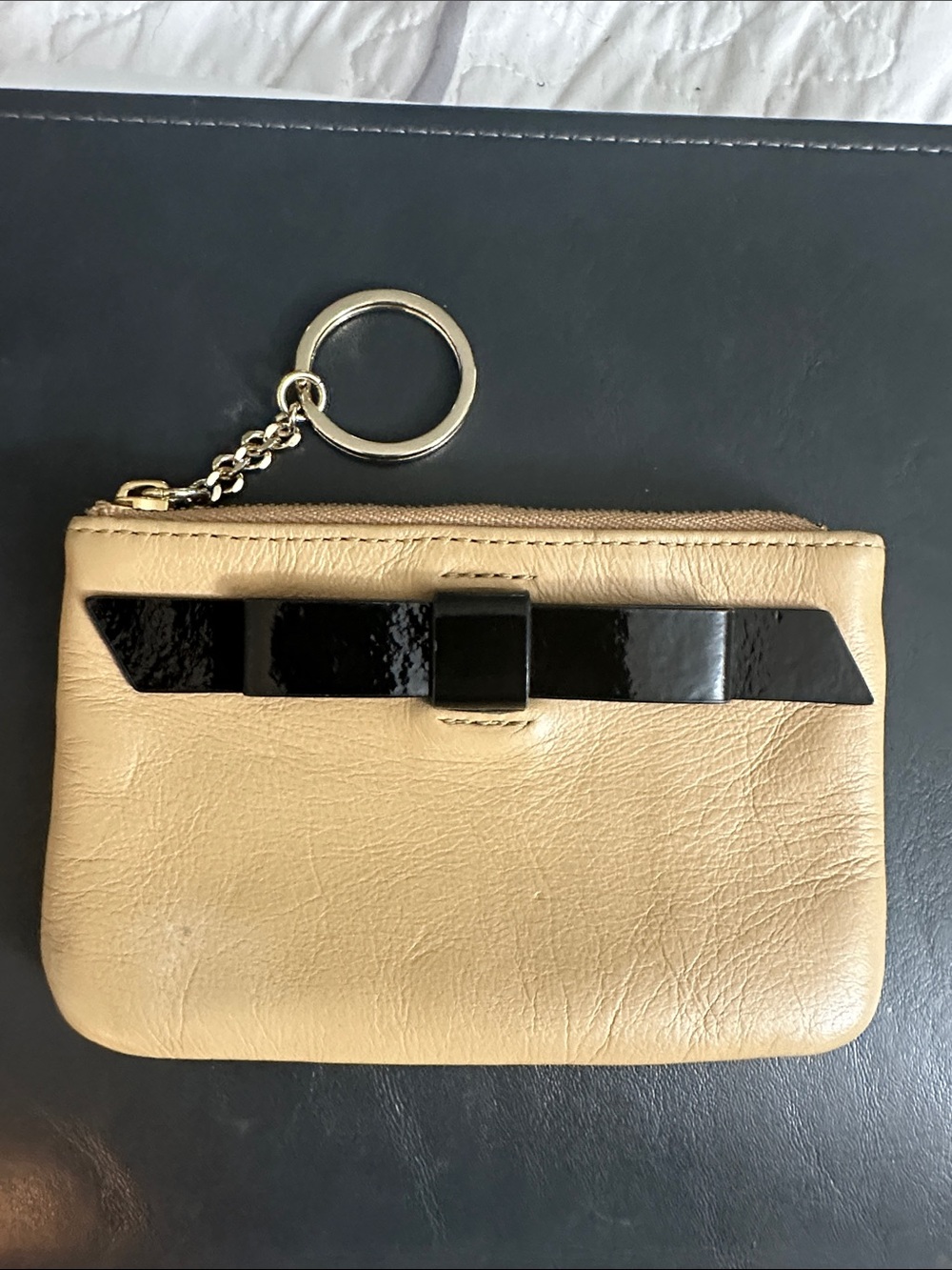 kate spade Beige Leather Key & Card Pouch with Black Bow